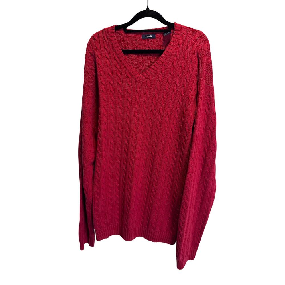 IZOD Men XL Red Cable Knit V-Neck Sweater Pullover Preppy Classic Ivy League